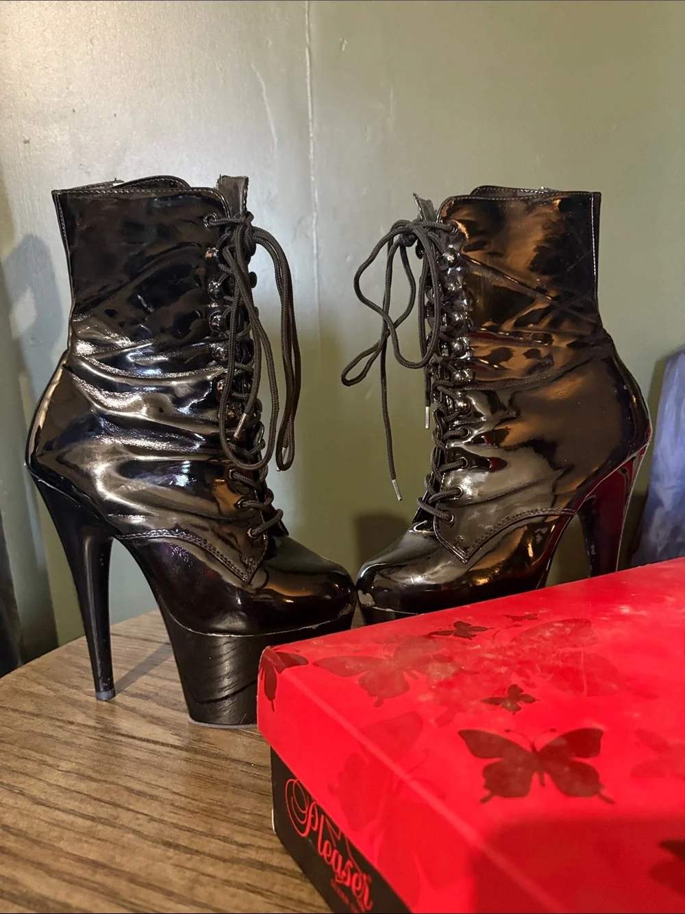 Pleaser Black Patent Lace-Up Platform Ankle Boots